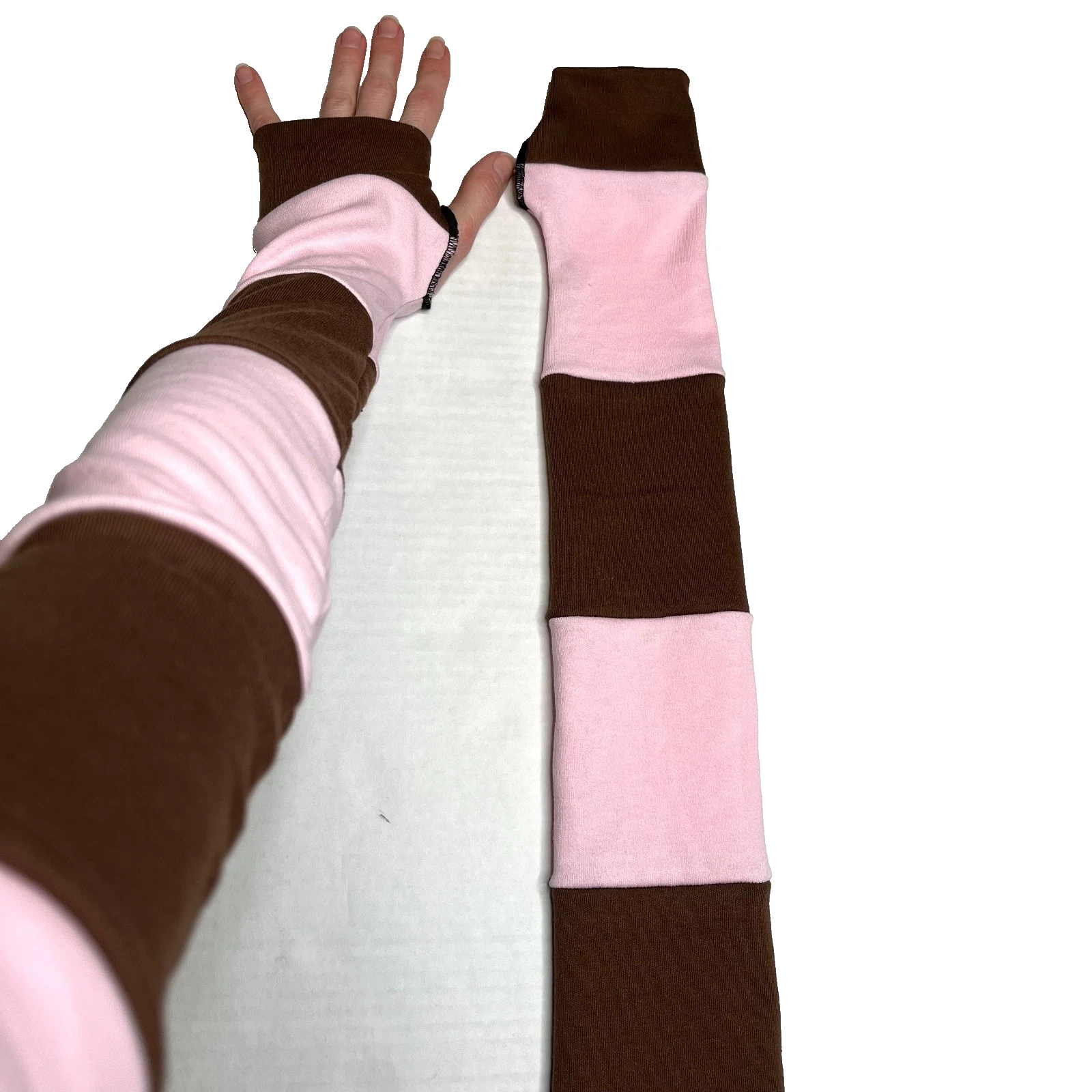 Long Striped Gloves Pink Hand Warmers Brown Armwarmers Patchwork Sleeves Cotton