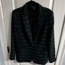 Ann Taylor Plaid Green Black Notch Lapel Single-Breasted Lined Blazer Jacket 10