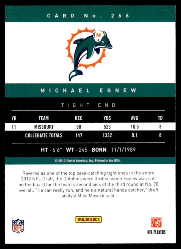 2012 Panini Prestige Michael Egnew #266 Rookie Miami Dolphins - Image 2 of 2