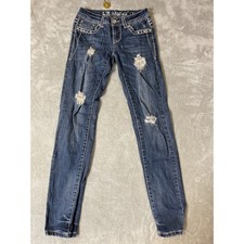LA Idol USA Skinny Jeans Womens 3 Juniors Blue Distressed Low Rise Rhinestone