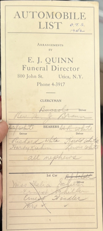 E.J. Quinn Funeral Director Utica NY 1942 Handwritten Automobile List Sheet