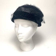Vintage Black Velvet Pillbox Hat with Satin Ribbon, Bow  Netting Veil