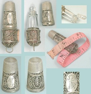 Antique Sterling Silver Filigree Thimble / Tape Measure / Perfume Bottle C1800