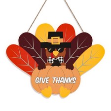 Thanksgiving Door Sign, Wooden Turkey wreath for Front Door, Give Thanks Hang...