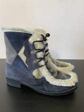 VTG Blue Ivory Ski Boots Fur Suede Italian Chalet Lodgewear Retro Women Sz 7.5