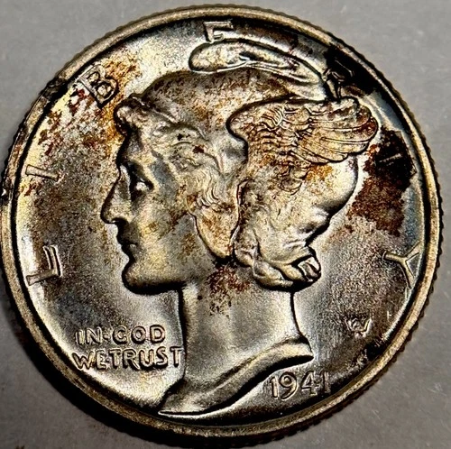 * 1941*SUPERB GEM BU FBTONED SILVER MERCURY DIME * FRESH FROM ESTATE