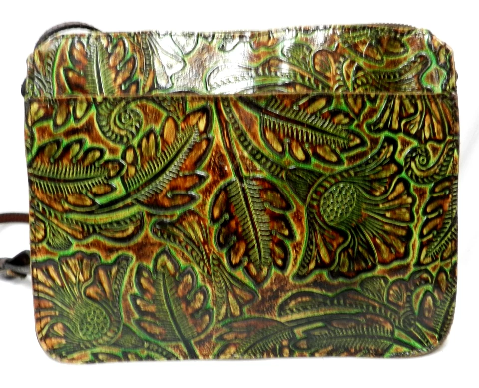 Patricia Nash Tooled Leather crossbody bag purse Front & Back pocket brown green - Image 3 of 4