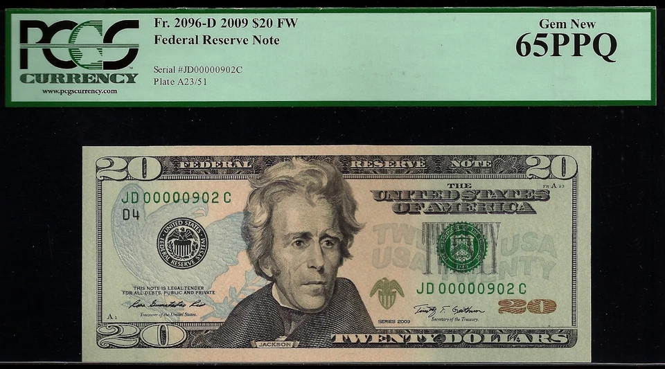 2009 $20 Federal Reserve Note PCGS 65PPQ - Birthday - Low Serial Number 00000902 - Image 2 of 3
