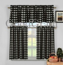 Black Gingham Checkered Plaid Farmhouse Kitchen Curtain Tier Valance Set