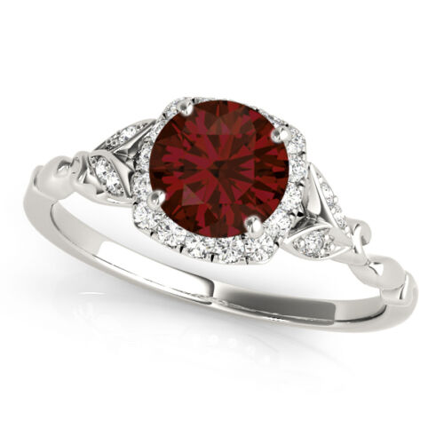 1.12 Carat Round Cut Garnet Gem Stone Halo Diamond Floral Engagement Ring - Picture 1 of 1