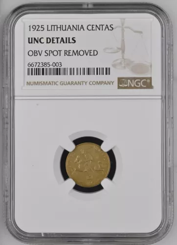 Lithuania 1 Centas 1925 NGC UNC DETAILS OBV SPOT REMOVED