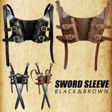 Medieval PU Leather Dual Sword Shoulder Back Sheath Scabbard Holder Warrior USA