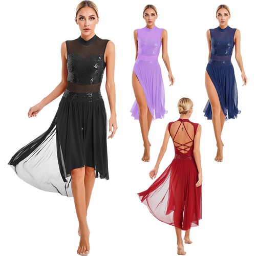 Womens Sleeveless Backless Mesh Lyrical Dance Dress High Low Dance Costumes - Imagen 1 de 37