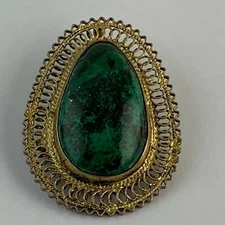 VINTAGE 930 SILVER EILAT AZORIT MALACHITE GOLD BRUSHED FILIGREE PENDANT BROOCH
