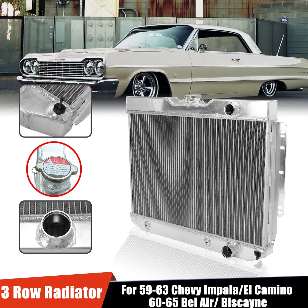 DH Racing 4-Row Aluminum Downflow Radiator – For 1959-1965 Chevy Impala, Bel Air, El Camino, Biscayne, Chevelle