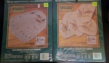 New Vtg Vogart Stamped Cross Stitch Gold Gingham 4 Placemats  4 Napkins Leaves