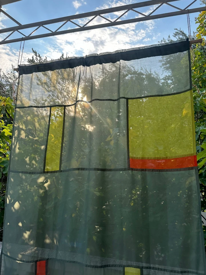 Cortina de retazos transparente hecha a mano 57"x118" verde y naranja arte de tela Pojagi Foto 2 de 4