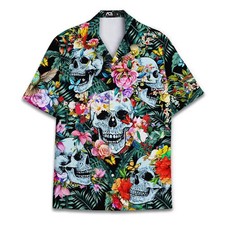 Unisex Gothic Skull and Flowers Shirt   Tropical Hawaiian Festival Casual Top