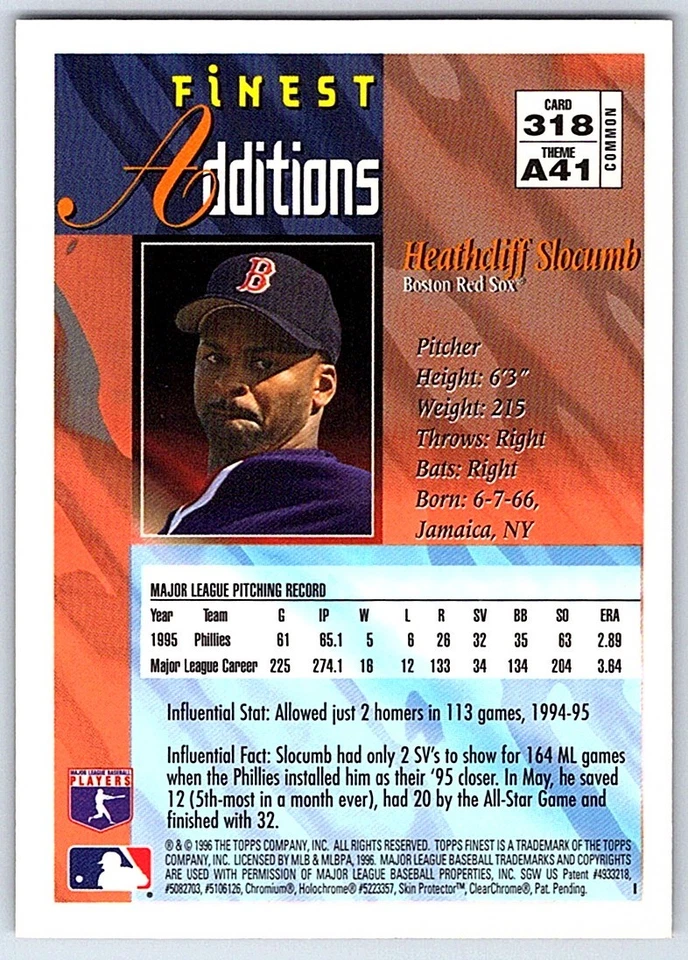 1996 Topps Finest ! Heathcliff Slocumb Boston Red Sox #318 - Image 2 of 2