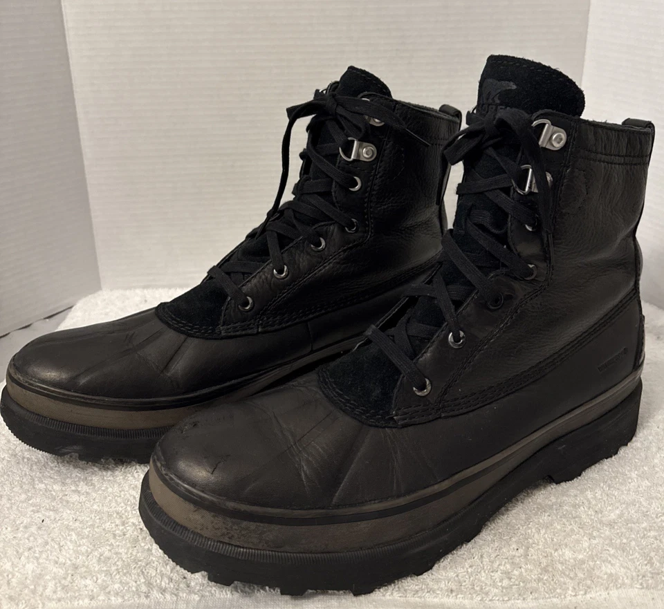Sorel Mens Size 15 Black Leather Waterproof Faux Sheepskin Duck Boots - Image 3 of 4