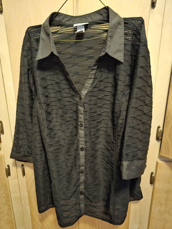 C1, Maggie Barnes 2X Office Dressy Sheer Black Button Down Blouse
