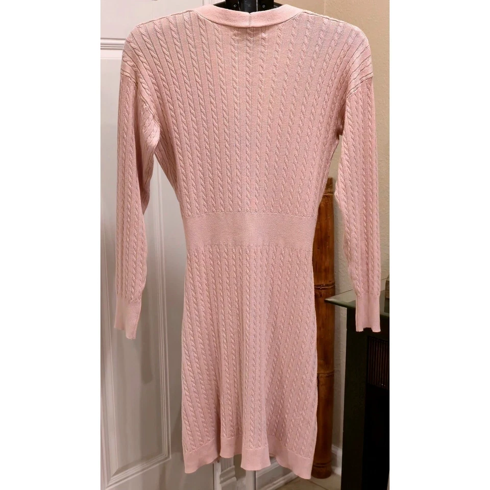 Vestido Suéter Lucky Brand Pequeño Mediano Para Mujer Rosa Tejido con Cable Cuello en V Manga Larga Foto 3 de 4