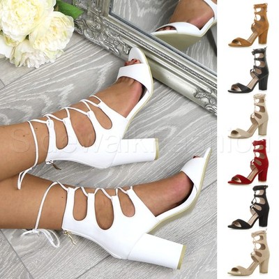 Damen Frauen High Heel Schnürung Käfig Wickel Peeptoe Sandalen Gr. 3 36