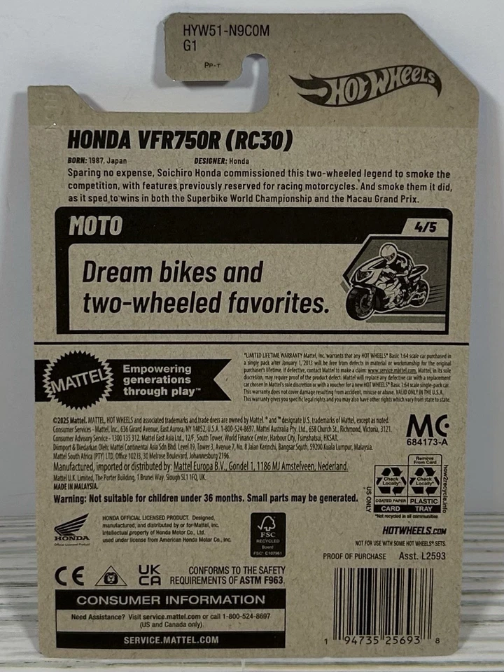 2025 Hot Wheels Honda VFR750R (RC30) #224 Moto 4/5 - Free Shipping - Image 2 of 3