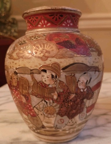 Antique Meiji Satsuma Ginger Jar, Rare Double Lid, Signed, 5.25" Tall