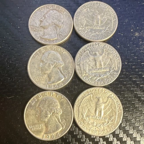 6 1964 D Silver Washington Quarters Circulated Uncertified US Coin Lot