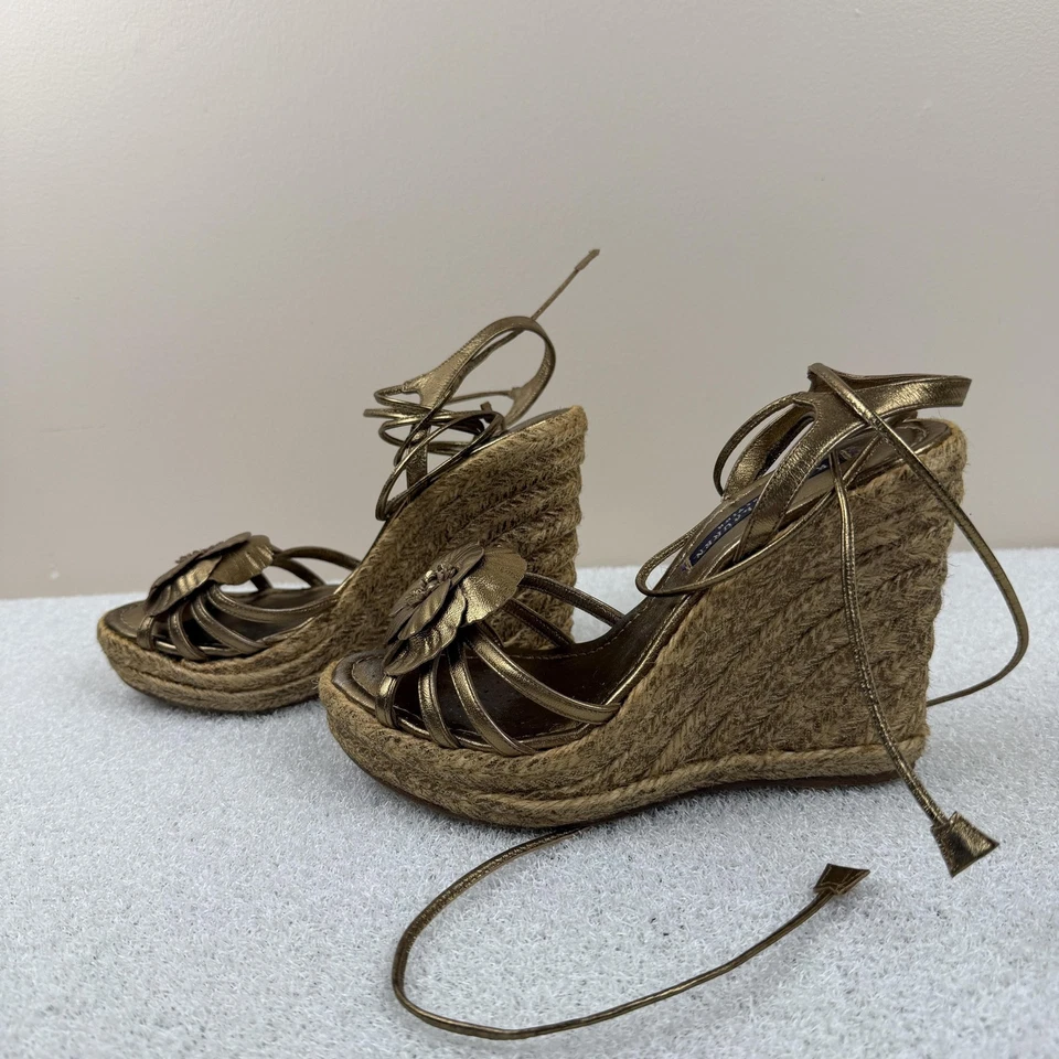 Туфли женские Lauren Ralph Lauren размер 7 золотистые эспадрильи на танкетке сандалии на шнуровке - Изображение 3 из 4