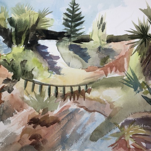 Watercolor Painting Artist Signed JOAN PERRY Vintage Landscape Art 20” W x 14” H - Picture 5 of 9