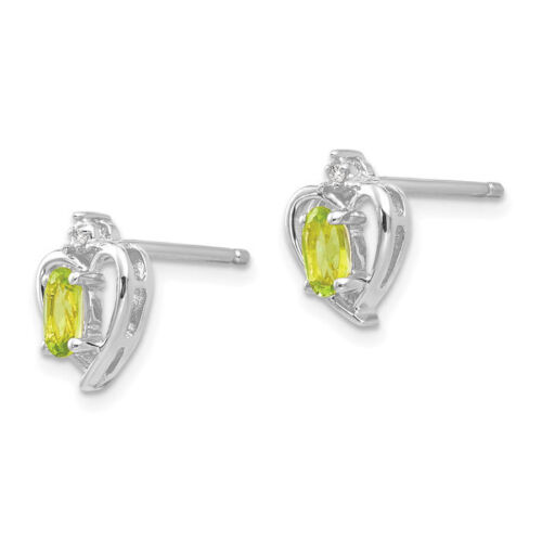 14K Solid White Gold Peridot Diamond Heart Stud Earrings - Picture 3 of 4