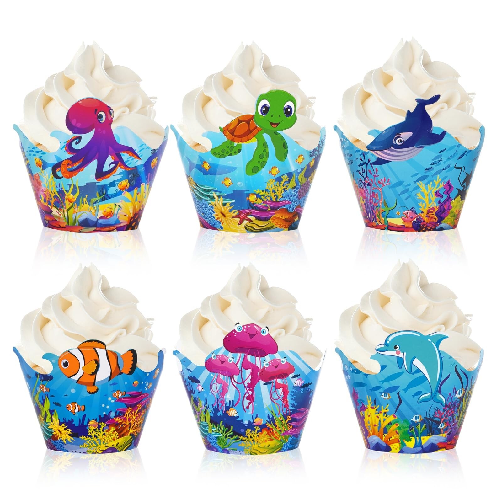 Whaline 36Pcs Sea Animals Cupcake Wrappers Colorful Ocean Animals Cupcake Lin...-image