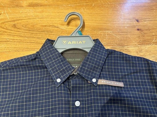 New Mens Ariat Medium Clement Flannel Long Sleeve Blue Navy Tattersall Shirt