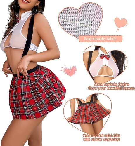 Women Schoolgirl Outfit Student Costume Lingerie Set with Tie Top Shirt XL - Picture 3 of 9