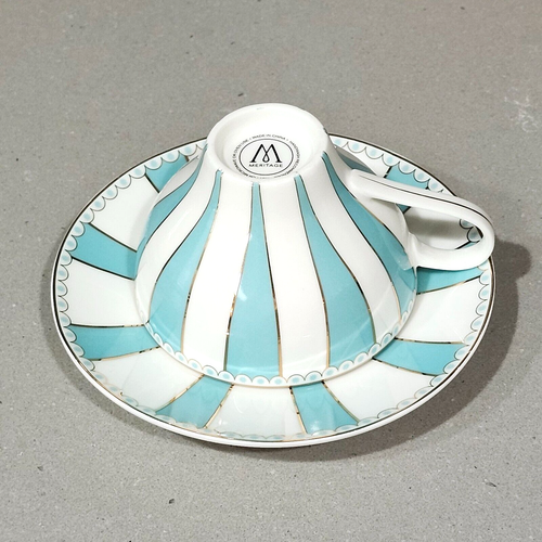 Meritage Teal Teacup & Saucer Circus Tent Striped - Picture 2 of 11