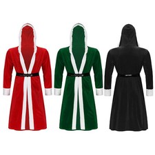 Men's Velvet Christmas Santa Hooded Bathrobe Christmas Cape Robe Party Costumes