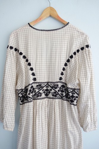 Zara Midi Dress Womens Large 10 12 Ivory Check Floral Embroidered Boho Gypsy - Picture 8 of 18