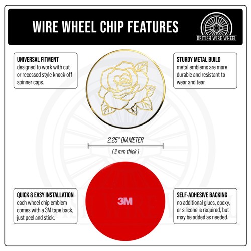 Gold KO Spinner Caps with Gold & White Rose Wire Wheel Chip Emblems, Set of 4 - Picture 26 of 59