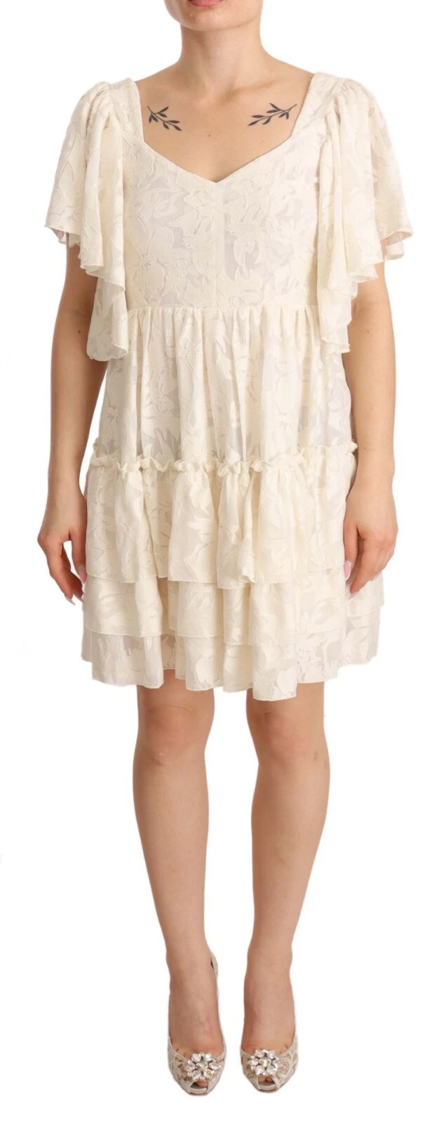 OFF WHITE Abito WEILI ZHENG bianco sporco orlo in pizzo a strati plissettato mini IT40 US6 S PREZZO AL PUBBLICO $300