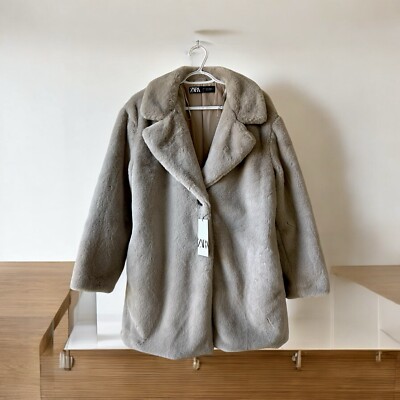 Zara Faux Fur Coat Womens Sz M Taupe Gray Soft Cozy Boho Chic