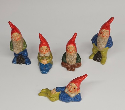 Vintage Gnome Elf Elfin Miniature Figurines Set Of 5 Garden Japan - Picture 2 of 10