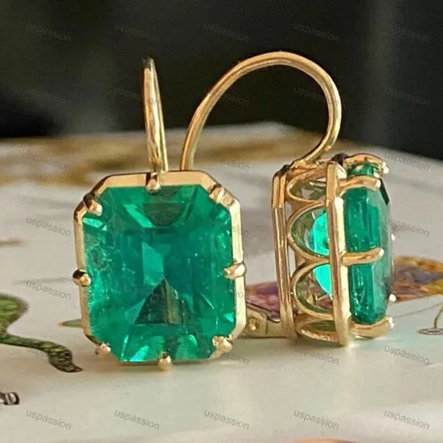 3Ct Lab-Created Emerald Solitaire Stud Leverback Earrings 14K Yellow Gold Plated - Image 2 of 4