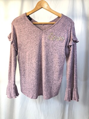 Girls Amy Byer ''LOVE'' Ruffled Long Sleeve V-Neck Sweater Pink/Gray Size: XL (16)