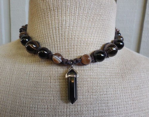Onyx Double Terminated Adjustable Hemp Necklace Banded Agate Smoky Quartz Beads - Picture 9 of 14
