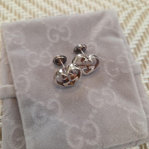 Gucci Interlocking G Heart Lovely Stud Earrings Sterling Silver 925 No Box Used - Picture 2 of 4