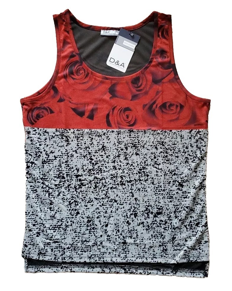 Designer Vest T Shirt Mens L Italian Abstract Roses Cotton Lycra
