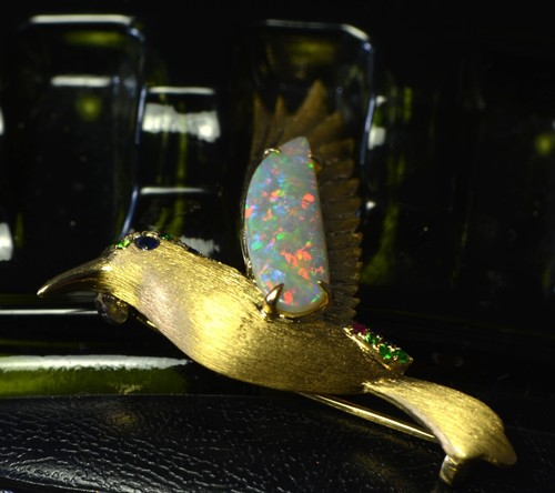 Solid Red Fire Opal Brooch & Pendant 18K Gold Diamond Sapphire Ruby Bird YesOpal - Picture 6 of 7