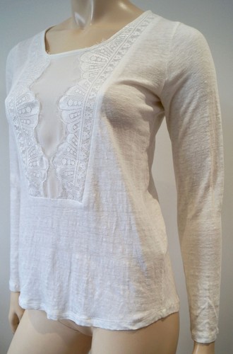 SANDRO White Fine Knit Linen Lace Centre Panel Long Sleeve Jumper Sweater Top 2; - 第 1/8 張圖片